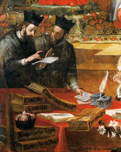 Discusión entre dos jesuitas, detalle de San Raimundo de Peñafort, consejero del Papa Gregorio IX, por Alonso Antonio Villamor (1661-1729). Del Convento de San Esteban, Salamanca, España. de Alonso Antonio Villamor