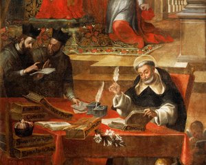 Dos jesuitas hablando mientras San Raimundo escribe el Concilio, detalle de San Raimundo de Peñafort, consejero del Papa Gregorio IX, por Alonso Antonio Villamor (1661-1729). Del Convento de San Esteban, Salamanca, España. de Alonso Antonio Villamor