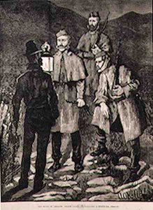 El estado de Irlanda: Patrulla policial desafiando a una persona sospechosa, de The Illustrated London News, 8 de junio de 1881