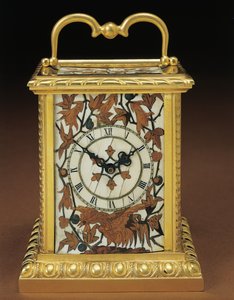 Reloj de carruaje, de un conjunto de escritorio de cuatro piezas de Napoleón III, marquetería por Duvinage y Harinckouk, c.1877 de Alphonse Gustave Giroux