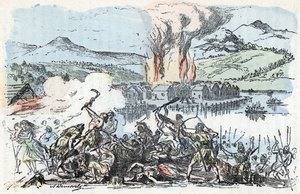 Prehistoria: escena de guerra al principio de la edad de hierro, incendio de los asentamientos de zancos Grabado de "La nature et l
