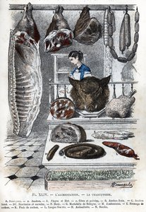 Vista de un embutido A medio cerdo (a jamón b aloyau c lados y pechuga) B jamón fresco C jamón ahumado D salchichas y cerevelas F hure G mortadela de mortadela H jamón I queso de cerdo K pies de cerdo L lengua rellena M andouillette N boudin) (delicatessen