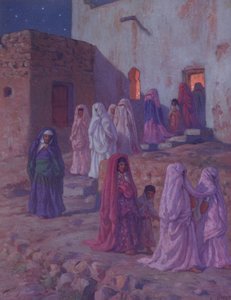 Musulmanes saliendo de la mezquita del pueblo en la víspera de Mouled, ilustración de una historia de la vida del Profeta Mahoma, publicada en París en 1918