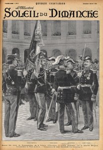 Presentación de las cruces de comandante de la Legión de Honor a cuatro generales (Gosse Dubois, General Colonna, General Toulza, General Dalstein) por el General Brugere. Grabado por Lalauze para “Le Soleil-du-Dimanche” en febrero de 1900. de Alphonse Lalauze