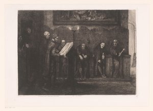 Ocho hombres alrededor de un atril Le lutrin (título sobre objeto)