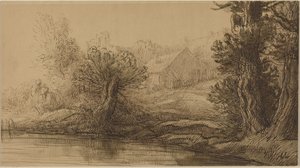Orilla de un río (pluma y tinta marrón con aguada marrón sobre cartón) de Alphonse Legros