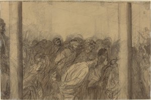 Multitud de personas vistas entre dos columnas (verso)