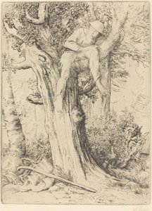 Paisaje con un niño en un árbol