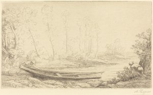 Hombre con una pértiga, figura a la derecha Pecheurs des truites de Alphonse Legros