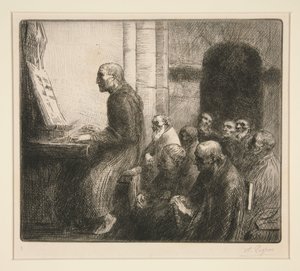 Monje tocando el órgano en una iglesia de Alphonse Legros
