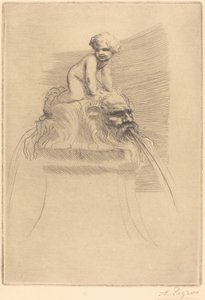 Pequeña fuente, niño jugando sobre grotescos Petite fontaine, enfant qui joue sur des masques de Alphonse Legros