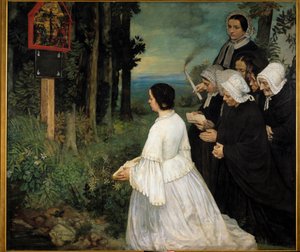 El exvoto. Mujeres (¿con trajes tradicionales bretones?) reunidas frente a un exvoto de Alphonse Legros