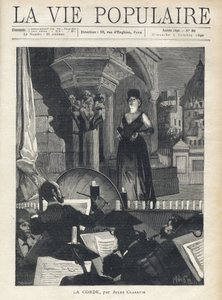 Un cantante, en el escenario, enfrenta a la orquesta en el foso, los músicos y el director en plena actuación. Ilustración de Alfons Maria Mucha (Alphonse Marie Mucha)