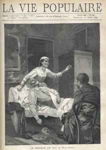 Un anciano delgado con un rostro demacrado se está estirando, su traje, sus zapatos y una máscara de carnaval están tirados cerca de su pañal (una sábana arrojada sobre un sofá), en "La Vie Populaire" de Alphonse Mucha