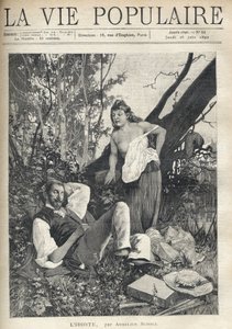 Una joven, despeinada, desnuda, con el pecho aparente, se inclina con confianza y diversión hacia un pintor acostado, durmiendo en medio de la naturaleza, con chaqueta, sombrero, material y pipa esparcidos en el suelo. Ilustración de Alfons Maria Mucha (Al de Alphonse Mucha