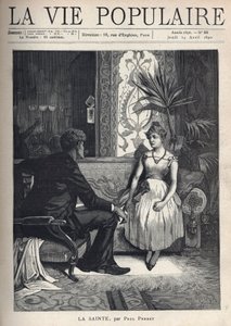 Una joven mujer, luciendo enferma, sentada en un sofá, en una sala de estar ricamente decorada, tiene una actitud tímida y habla con un joven vestido, sentado en un sillón, que se vuelve hacia ella con una mirada emprendedora. Ilustración de Alphons Mucha 