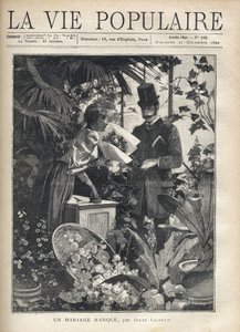 Un hombre elegante compra flores en una floristería. Ilustración de Alfons Maria Mucha (Alphonse Marie Mucha)