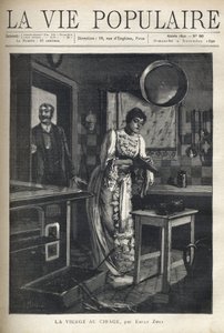 Una mujer elegante encera un zapato en la cocina de una casa. Un hombre abre la puerta detrás de ella. Ilustración de Alfons Maria Mucha de Alphonse Mucha