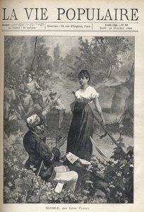 Un anciano lee una carta a una hermosa joven campesina que sostiene una hoz. Cazadores observan la escena a lo lejos. Ilustración de Alfons Maria Mucha de Alphonse Mucha