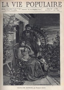 De noche, en un balcón floreado, una familia se reúne alrededor de la madre sentada en un sillón, sosteniendo la mano de su esposo que está de pie detrás de ella, ambos lucen tristes y abatidos. A sus pies, con la cabeza apoyada en su madre, un niño sentad