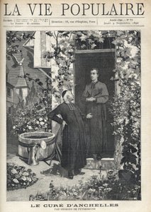 A la entrada del presbiterio, un tratamiento se dirige a una persona más joven. El jardín está muy florecido, equipado con un tanque y una regadera, al fondo se puede ver el campanario del pueblo. Ilustración de Alfons Maria Mucha (Alphonse Marie Mucha) de Alphonse Mucha