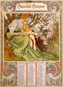 Calendario de Chocolate Masson ilustrado por Mucha (1860-1939), un pintor checo del Art Nouveau