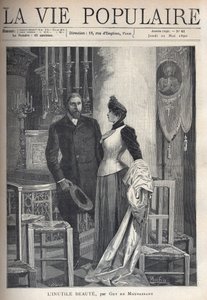 En una iglesia, una pareja hermosa y elegante se levanta entre velas y reza a Dios (Ilustración de Alfons Maria Mucha) de Alphonse Mucha
