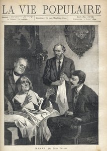 En una sala de estar, una anciana sentada con la cabeza sostenida por un doctor, con las manos abiertas frente a ella, espera a un segundo doctor, de pie a su lado, limpiando un instrumento con un paño blanco, para operarla de cataratas. Sentada frente a e de Alphonse Mucha