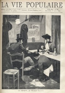 En un restaurante, un hombre y una mujer están separados y cenan. El camarero está agachado cerca del hombre, instalando un ladrillo caliente bajo sus pies. Ilustración de Alfons Maria Mucha (Alphonse Marie Mucha) de Alphonse Mucha