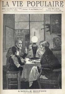 Escena de vida familiar: alrededor de la mesa de la cena, una familia se reúne, iluminada por una lámpara de aceite y escucha atentamente a un tío visitante, con ojos brillantes y mano marcando los puntos destacados de su historia. Ilustración de Alfons Ma