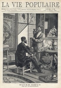 Dos hombres, uno sentado y el otro de pie, se enfrentan y están en plena conversación, fumando cigarrillos en un salón ricamente decorado (vidrieras, muebles, objetos de arte). Ilustración de Alfons Maria Mucha (Alphonse Marie Mucha)