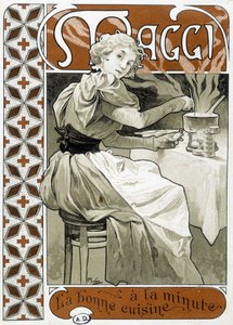 Joven mujer cocinando en una estufa de gas - publicidad de Maggi "buena comida al minuto", por Mucha, circa 1890