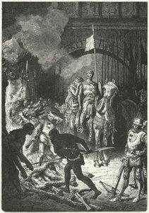 El Cid, acompañado por su esposa Doña Jimena, supervisa la construcción de la pira funeraria de Ahmed, Rey Moro de Valencia