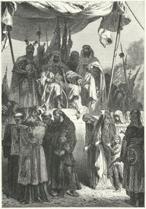 Saladino observando a los cristianos capturados pasar después de su captura de Jerusalén de Alphonse Marie de (after) Neuville