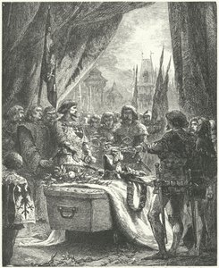 El comandante de Châteauneuf de Randon colocando las llaves de la ciudad en el ataúd de Bertrand du Guesclin de Alphonse Marie de (after) Neuville