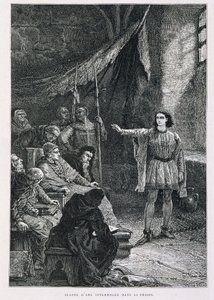 Juana de Arco interrogada en su prisión - en "Historia de Francia" de Guizot, grabado por De Neuville de Alphonse Marie de Neuville