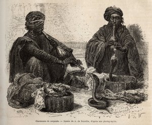 Los encantadores de serpientes, que comercian con reptiles, que atraen soplando en su toumril (flauta), grabado después del dibujo de A. de Neuville, ilustrando el viaje a la India de los Rajahs, en 1864-1868, por Louis Rousselet, publicado en “Le tour du de Alphonse Marie de Neuville