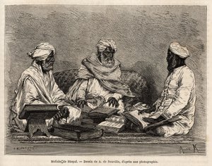 Los mulás de la mezquita de Bhopal, en plena discusión de los puntos contenciosos de la religión musulmana, grabado después del dibujo de A. de Neuville, ilustrando el viaje en la India de los Rajás, en 1864-1868, por Louis Rousselet, publicado en 