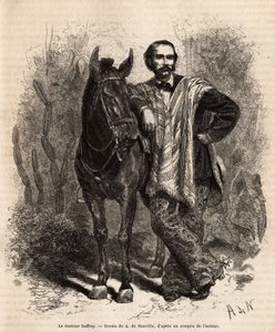 Retrato del Dr. Saffray, armado en su montura, en traje de viaje. Grabado después del dibujo de A. de Neuville, ilustrando el viaje a Nueva Granada, por Dr. Saffray, en 1869, publicado en 