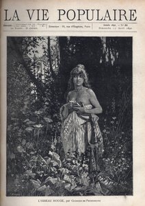 Una joven desnuda, de pie y despeinada, cubriendo su cuerpo con una manta, rodeada de vegetación y árboles que ocultan una reja de hierro forjado. Ilustración de Alfons Maria Mucha (Alphonse Marie Mucha) de Alphonse Mucha