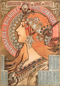 Página de calendario del año 1898 decorada con una ilustración publicitaria de Alphonse Mucha para la empresa de jabones Savonnerie de Bagnolet Alfred Schweizer de Alphonse Mucha