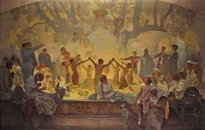 El juramento de Omladina bajo el tilo eslavo El ciclo La epopeya eslava de Alphonse Mucha