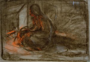 Mujer sentada frente al fuego de Alphonse Mucha