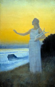 Himno al mar Joven mujer sosteniendo una lira frente al mar. Personaje evocando a la poetisa griega de la Antigüedad Safo de Alphonse Osbert