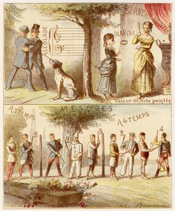 Acentuación, valor de la nota puntual, compases de dos y cuatro tiempos - Grabado extraído del Alfabeto musical de Mlle Lili, de Angelino Trojelli (18..-1916). Bibliotheque & Magasin d