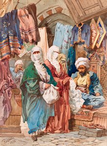 El bazar de la seda (mercado oriental, zoco, artículos de seda) - El bazar de la seda - Por Amedeo Preziosi (1816-1882), Acuarela sobre papel (41x30 cm) - Museo Pera, Estambul de Amadeo Preziosi