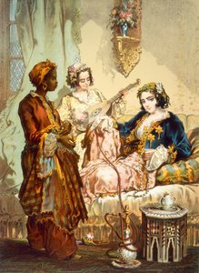 La taza de café: Dos mujeres tomando café y fumando narguile, pub. 1865 de Amadeo Preziosi