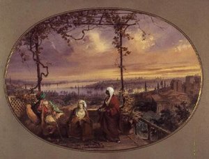 Vista desde la terraza de una casa en Galata, con un turco, su esposa y sirviente mirando hacia la boca del Cuerno de Oro y el Bósforo