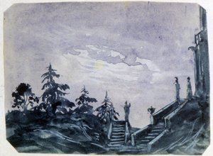 Vista de los jardines de un castillo fantástico a la luz de la luna". Acuarela y gouache. Aurore Amadine Lucie Dupin (1804-1876) Novelista y feminista francesa que escribió bajo el nombre de George Sand.