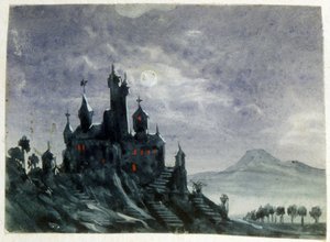 Vista de un castillo fantástico a la luz de la luna". Acuarela y gouache. Aurore Amadine Lucie Dupin (1804-1876) Novelista y feminista francesa que escribió bajo el nombre de George Sand. de Amantine Dupin